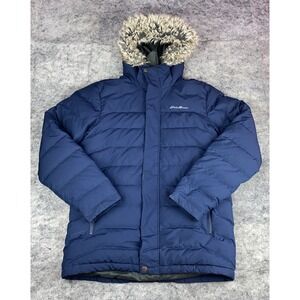 Eddie Bauer Womens M Goose Down Puffer Blue Hooded Fur Winter Parka Coat Jacket